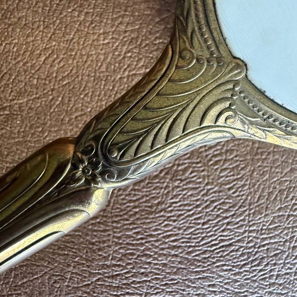 Vtg Vanity Set Hand Mirror Hair Brush Guilloché Enamel Gold Tone Rose Floral - Picture 9 of 15